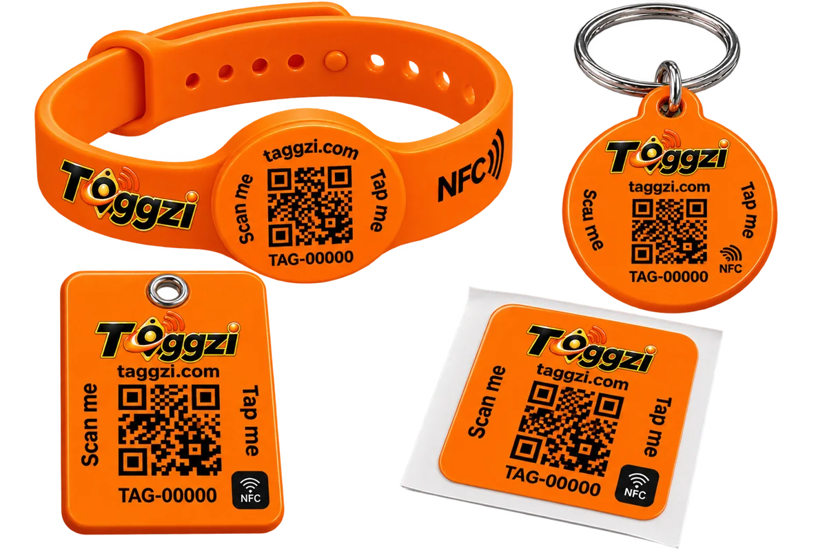 The Taggzi range: a pet tag, a luggage tag, an NFC + QR sticker and a wristband, all bright orange with a QR code